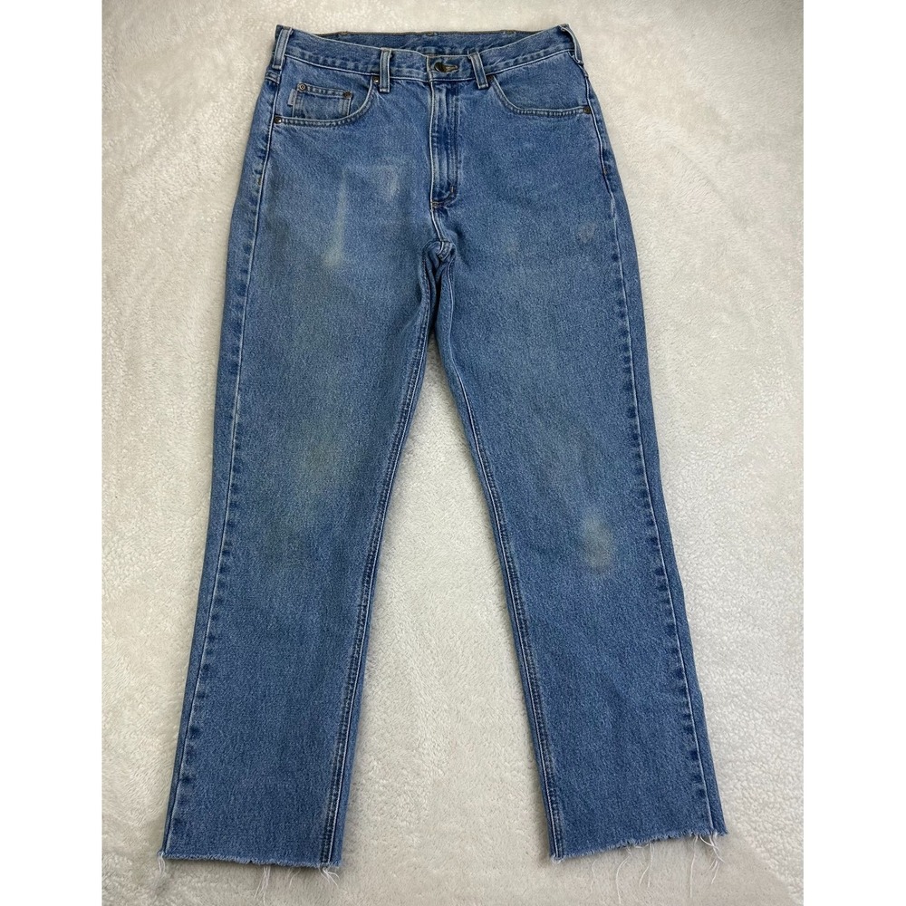 Carhartt Straight Jeans Mens 33x34 Blue Denim Frayed Hem Stained Workwear Farm
